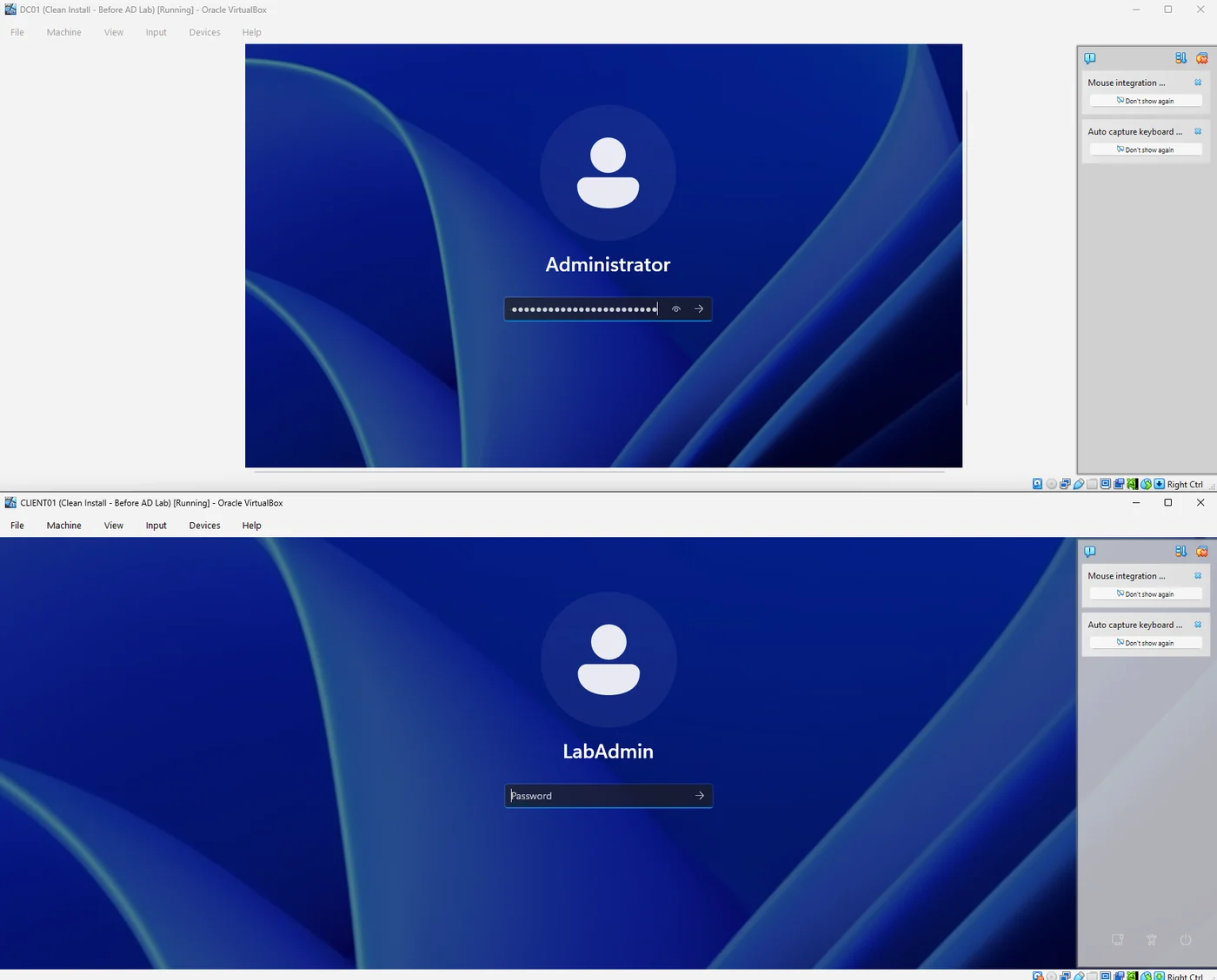 Two VirtualBox windows showing DC01 at the Administrator sign-in screen and CLIENT01 at the LabAdmin sign-in screen