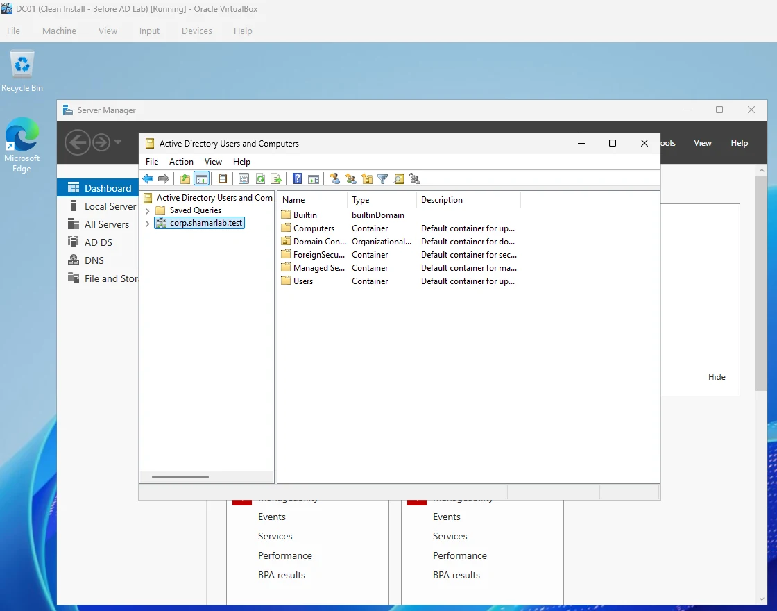 Active Directory Users and Computers on DC01 showing the corp.shamarlab.test domain with its default containers
