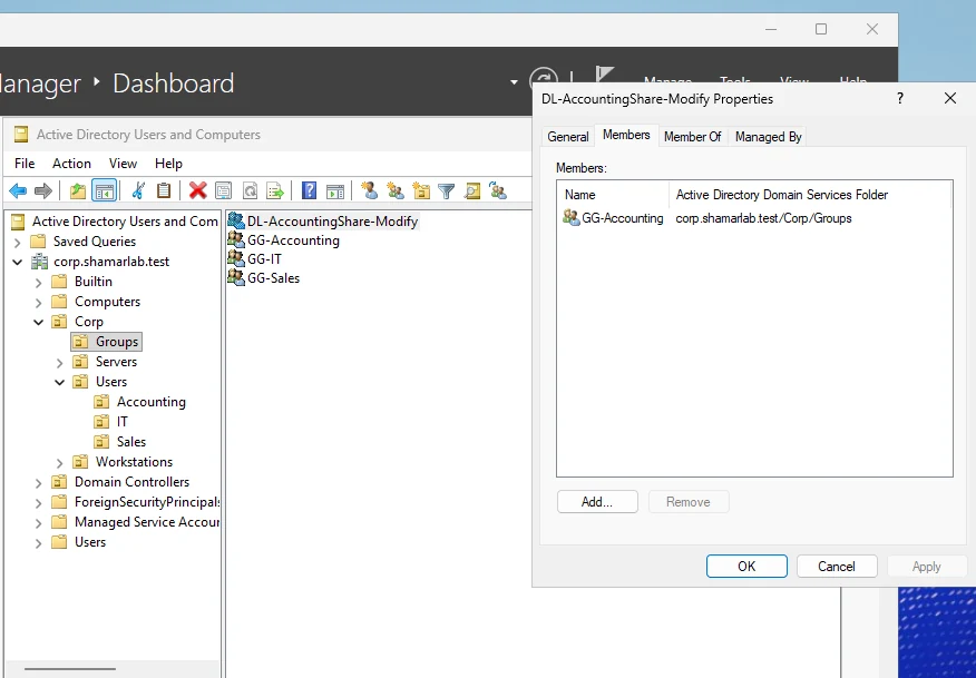 The Members tab of DL-AccountingShare-Modify listing GG-Accounting, with the Groups OU showing all four groups