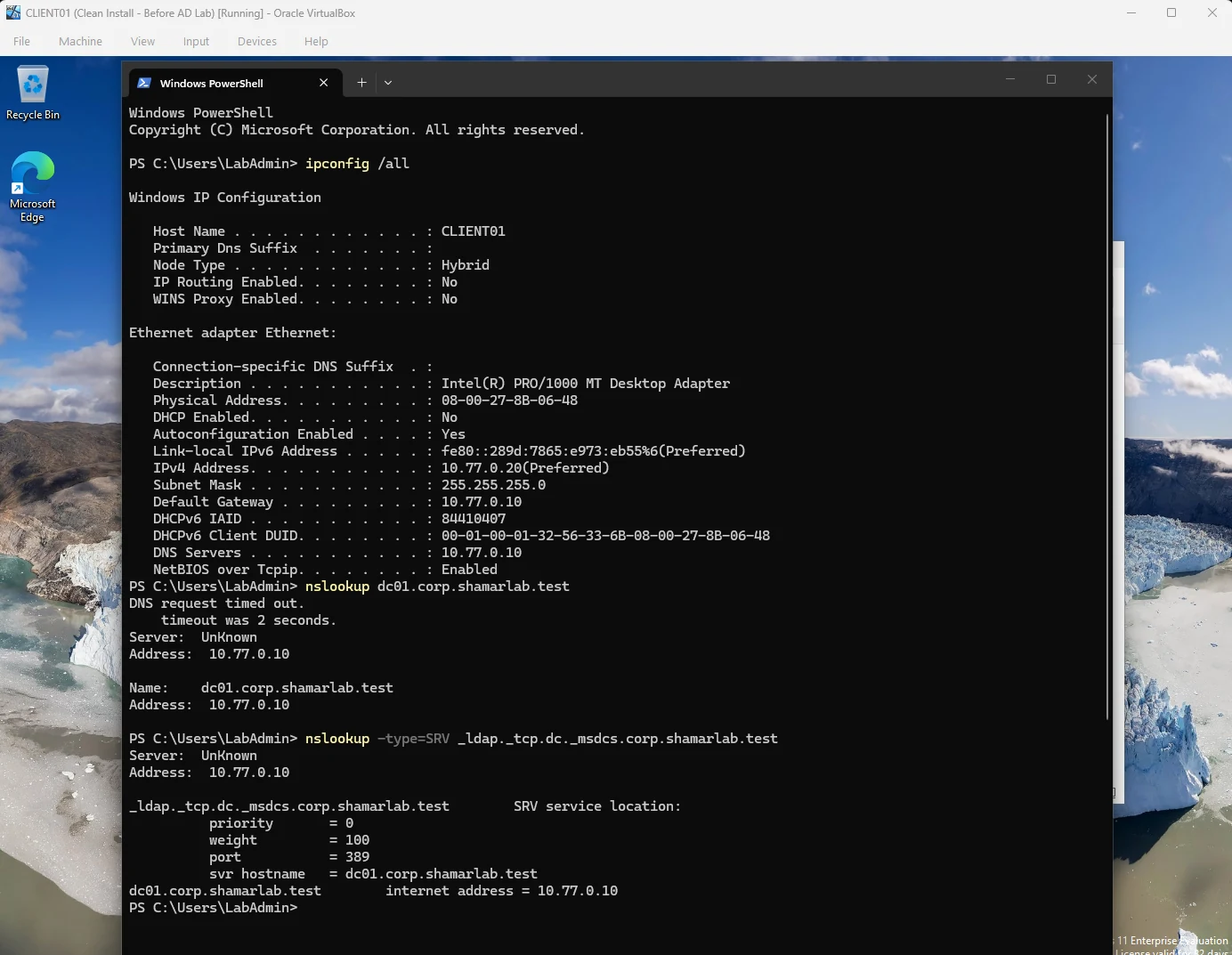 PowerShell on CLIENT01 showing ipconfig output and nslookup results for dc01 and the LDAP SRV record