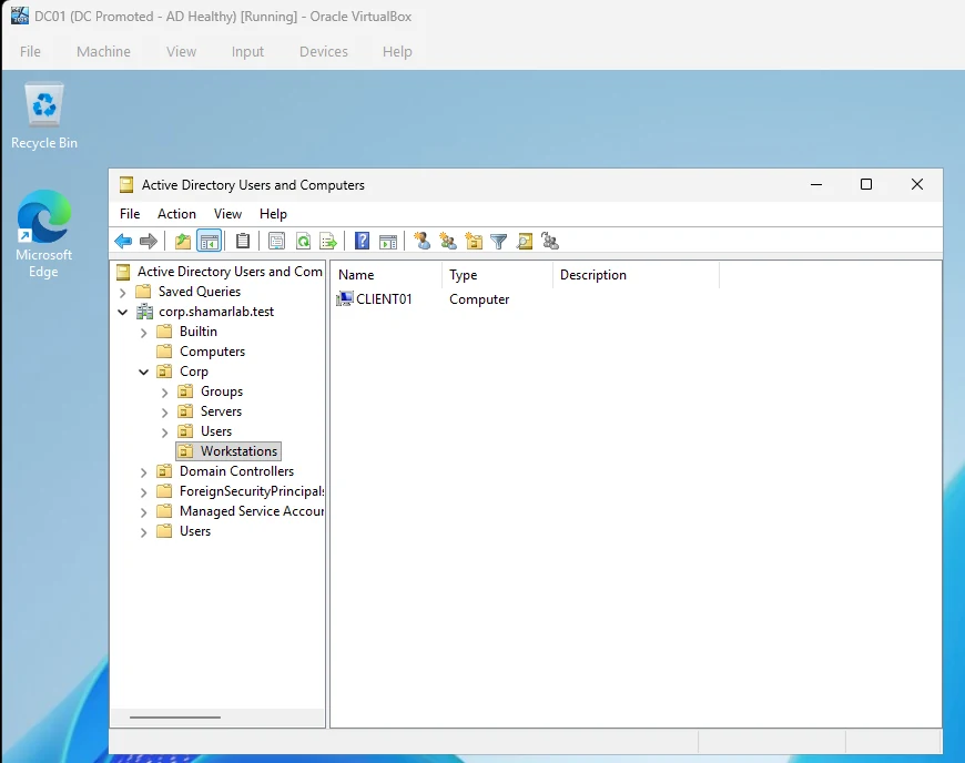 Active Directory Users and Computers showing the CLIENT01 computer object inside Corp, Workstations
