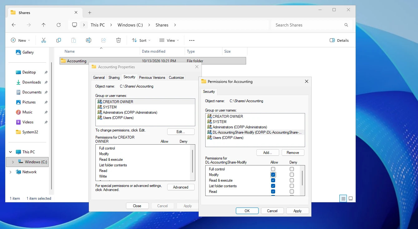 The Security permissions window for C:\Shares\Accounting showing DL-AccountingShare-Modify with Modify and related rights allowed and Full Control not granted