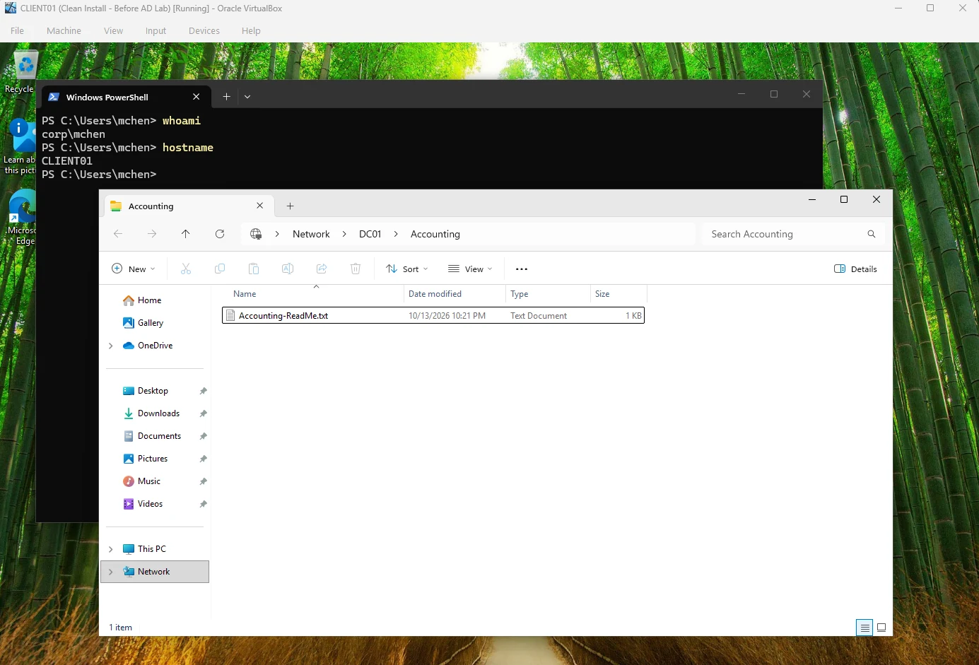 CLIENT01 signed in as corp\mchen with File Explorer open to Network, DC01, Accounting showing Accounting-ReadMe.txt