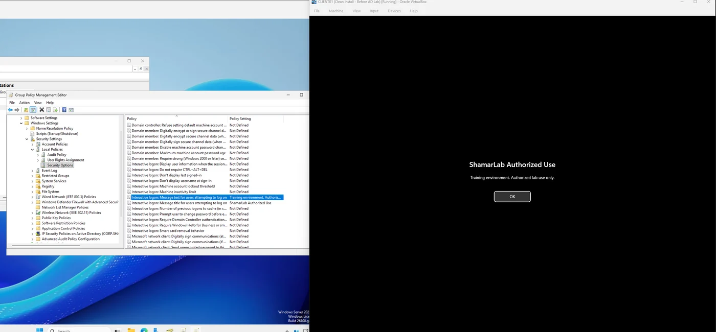 Group Policy Management Editor showing the interactive logon message settings next to CLIENT01 displaying the ShamarLab Authorized Use banner