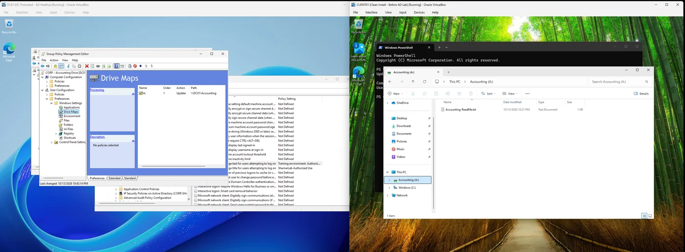 The CORP - Accounting Drive GPO with an A: drive map to \\DC01\Accounting next to CLIENT01 File Explorer showing Accounting (A:)
