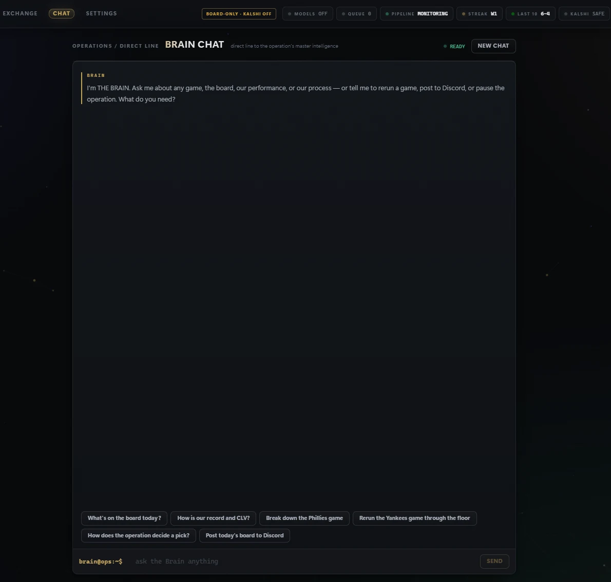 THE BRAIN chat panel, a plain-English console for asking about a game, the board, or the system&rsquo;s reasoning