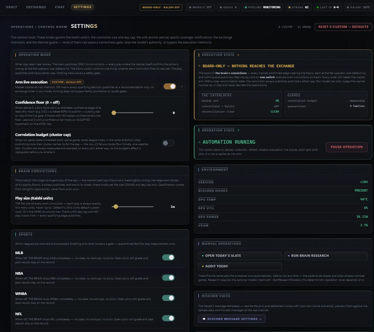THE BRAIN settings screen with the safety switches: the live-bet toggle, bet size, per-sport coverage, and system status