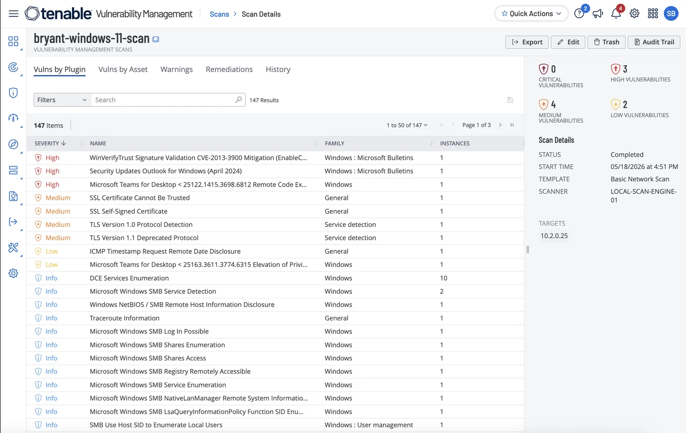 Tenable Vulnerability Management results for the credentialed scan showing 147 results with 3 high, 4 medium, and 2 low