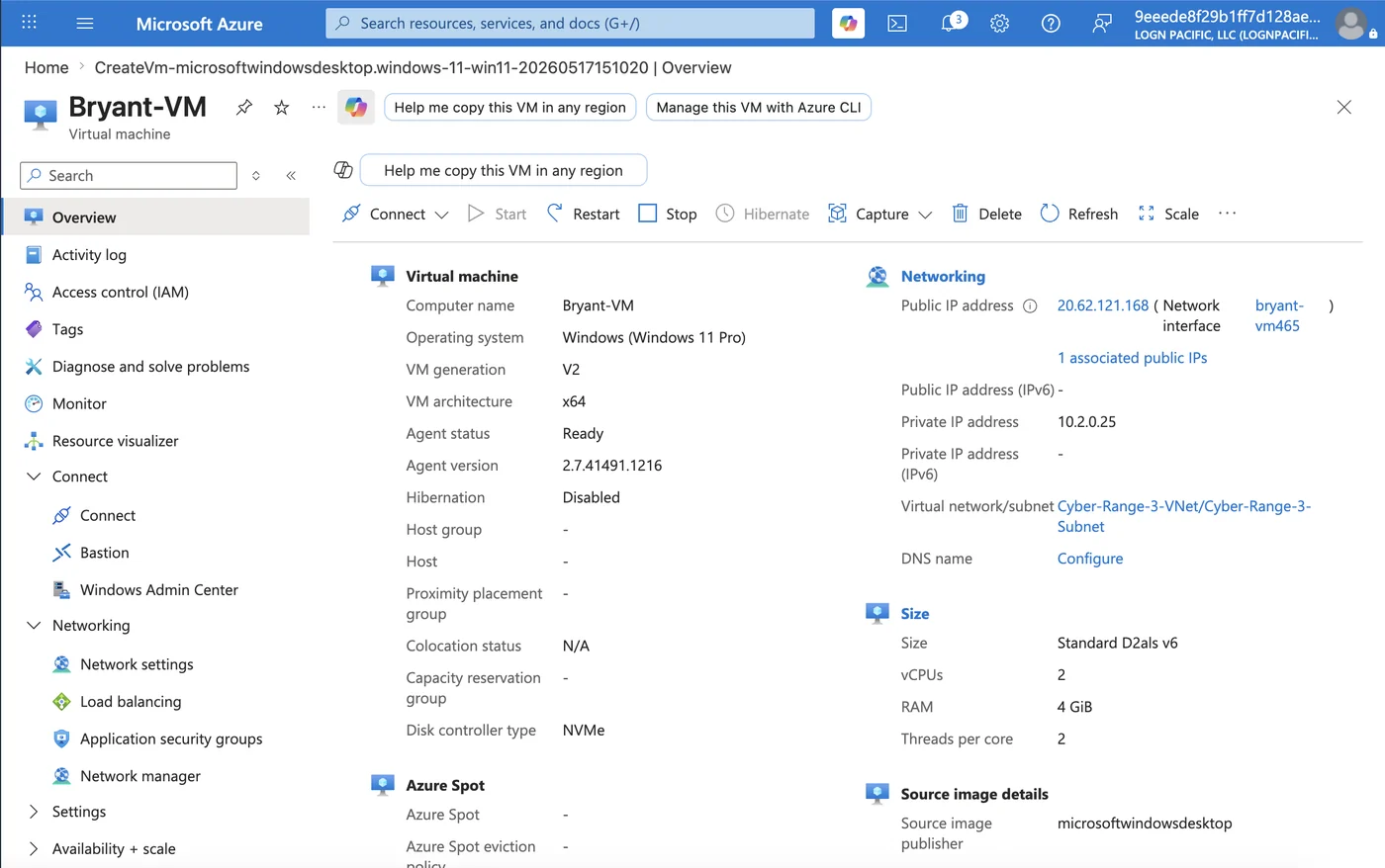 The Azure portal overview for the Windows 11 Pro scan target VM