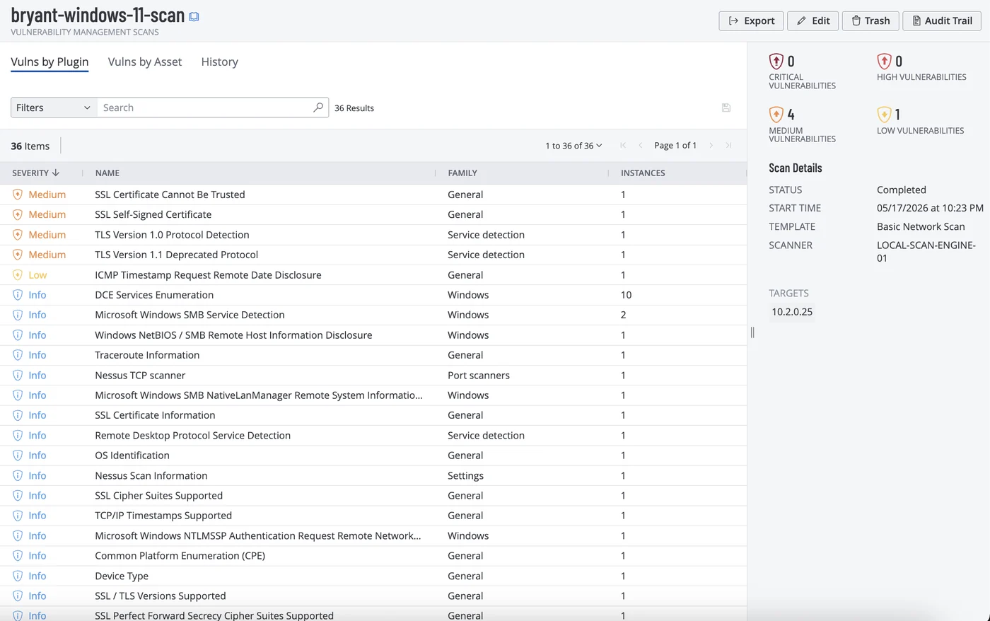 Tenable Vulnerability Management results for the unauthenticated scan showing 36 results with 0 critical, 0 high, 4 medium, and 1 low